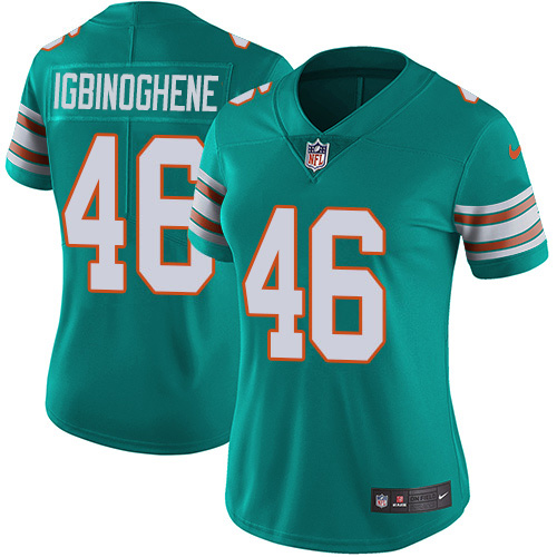Nike Miami Dolphins 46 Noah Igbinoghene Aqua Green Alternate Women Stitched NFL Vapor Untouchable Limited Jersey